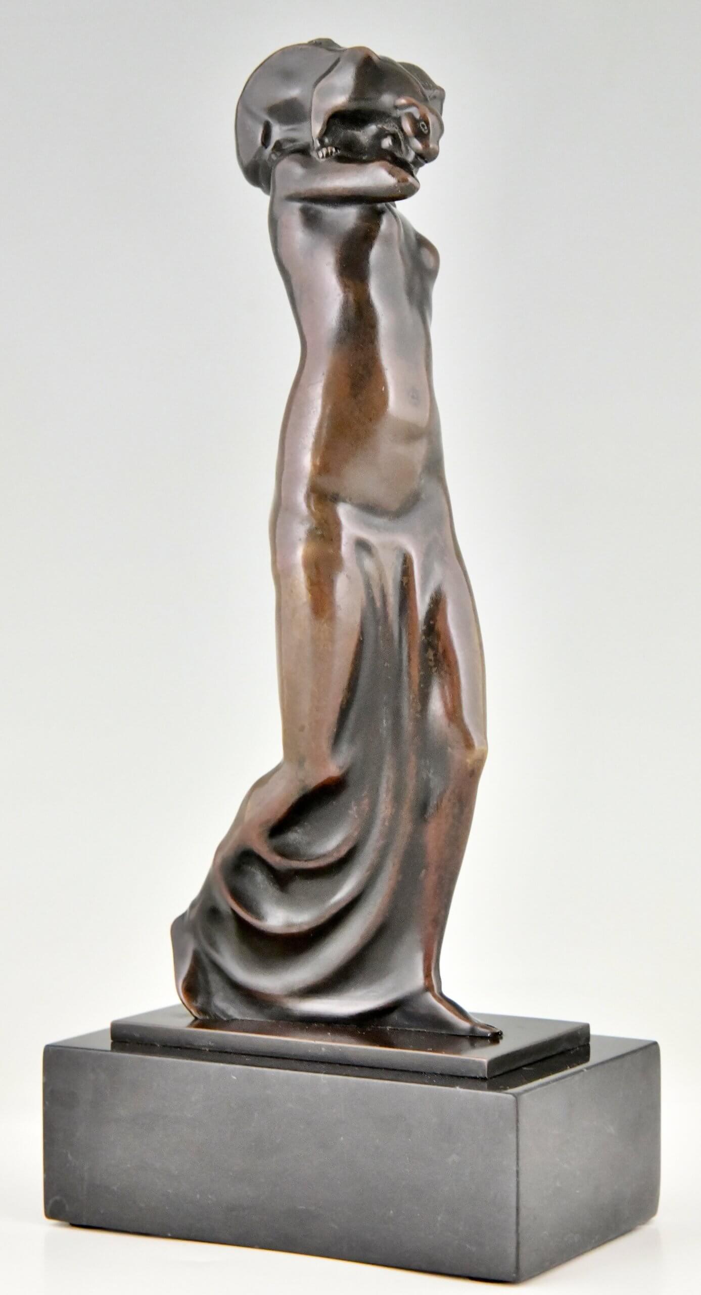 Art Nouveau bronzen beeld dame met panter