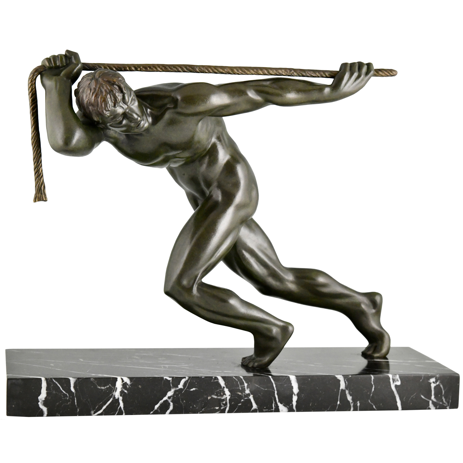 Art Deco bronze male nude with rope Guiraud Riviere - 2