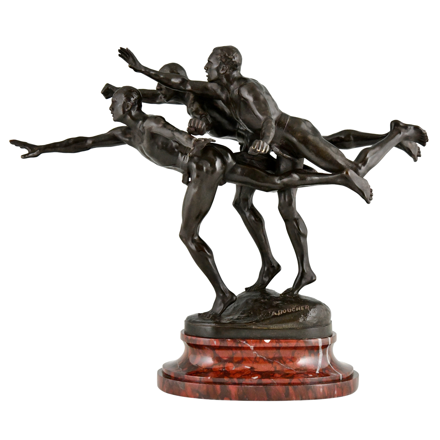 Alfred Boucher bronze sculpture au but 3 nude runners