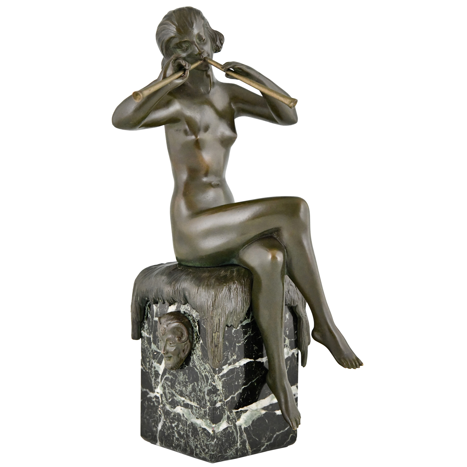 Matto Bouraine Art Deco bronze nude with flutes sculpture
