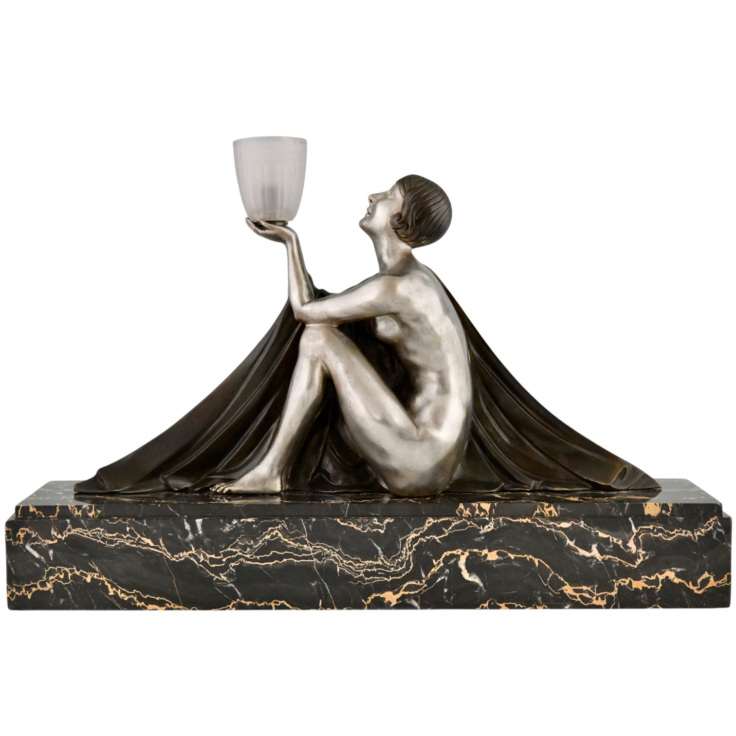Art Deco Bronze Lamp Sculpture Seated Lady with Vase Art Deco lamp bronze lady with vase by Lormier - 1-Deconamic
