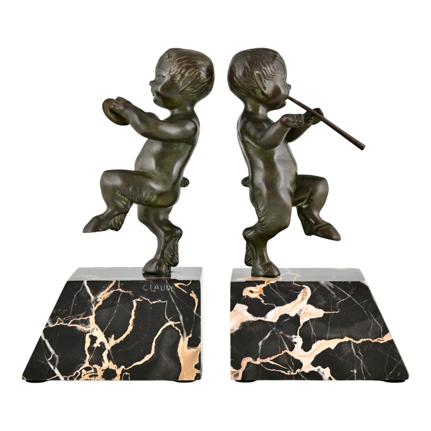 Art Deco bronze faun bookends. Claude Art Deco bronze bookends fauns Guillemard - 1-Deconamic