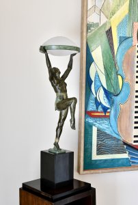 Danseuse à la coupe: Max Le Verrier Danseuse à la coupe 62 cm, Art Deco lamp, woman with glass bowl
