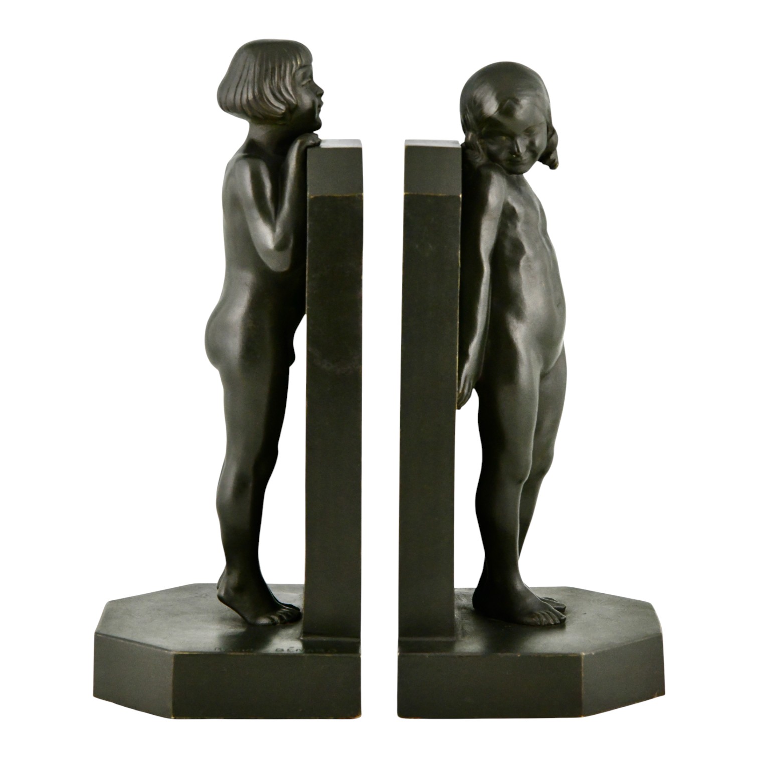 Art Deco bronzen boekensteunen met kinderen Raoul Benard 1930