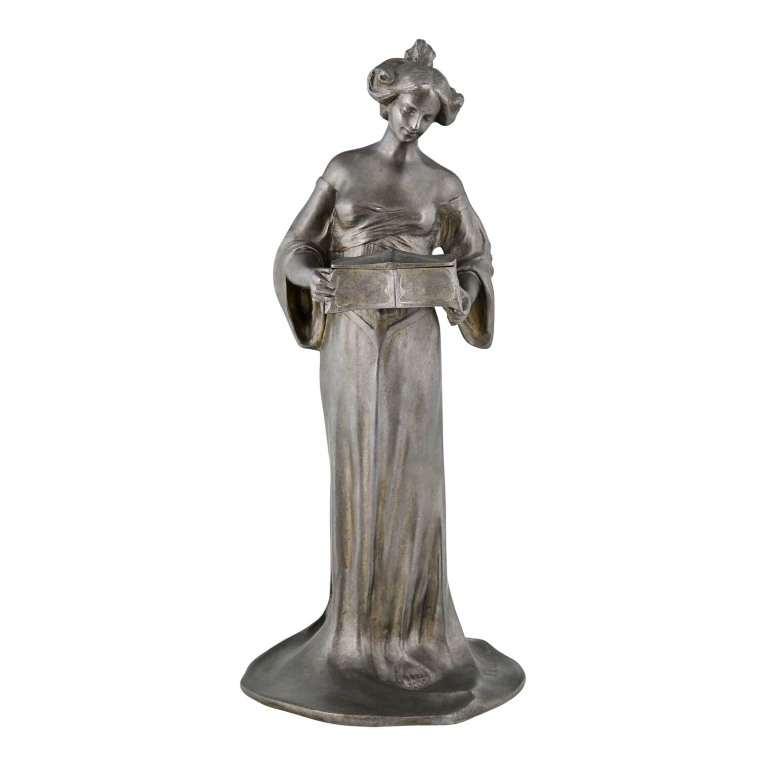 Art Nouveau Skulptur Frau mit Schmuckkästchen Art Nouveau sculpture of female figure holding casket, Lo. Mattei, pewter, c.1900.