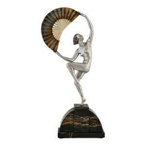 Bronzen Art Deco sculptuur danseres met waaier van Marcel Bouraine
