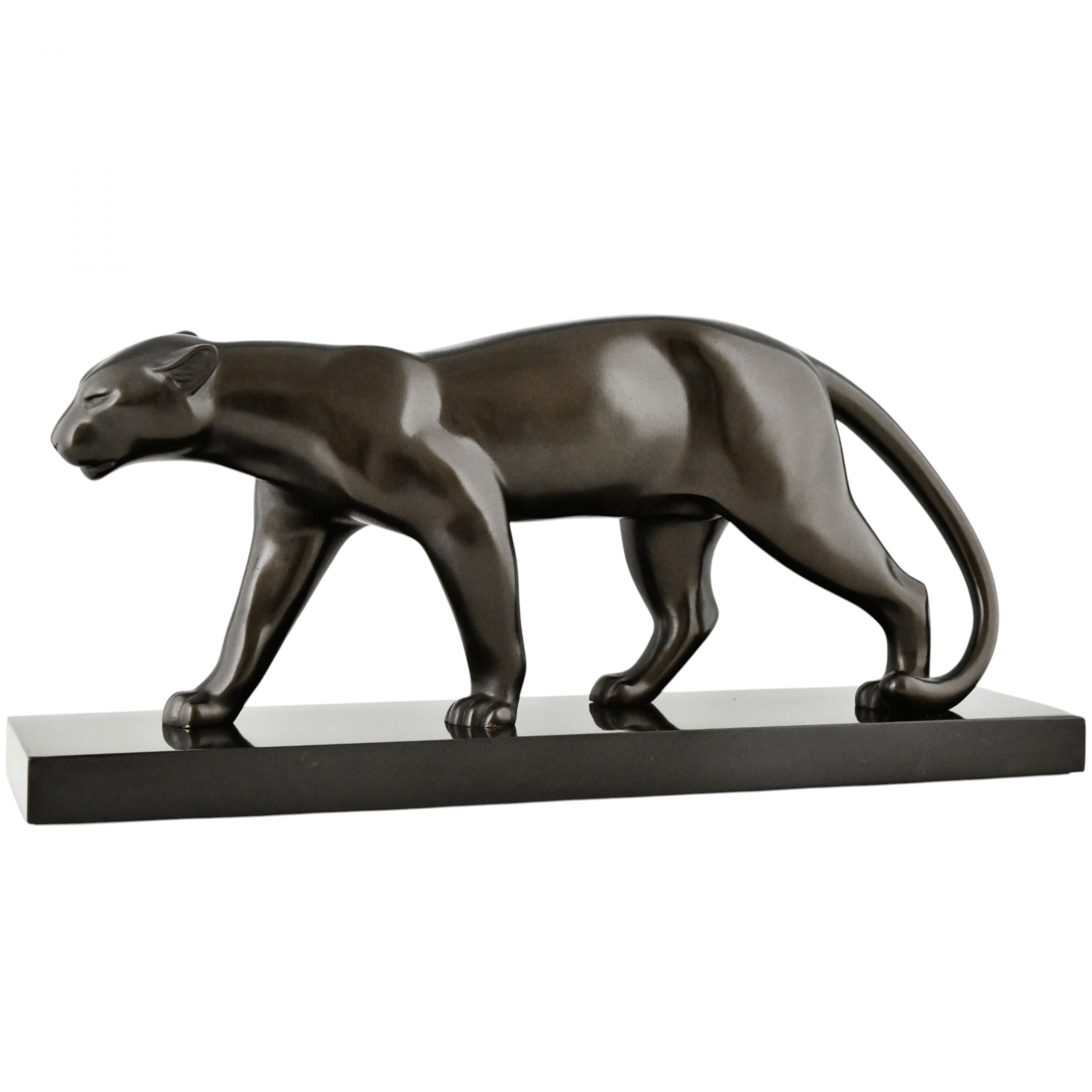 Bracquemond Art Deco bronze panther sculpture on black marble base 1930