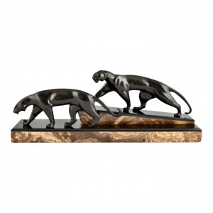 ndrukwekkende Art Deco bronzen sculptuur van twee panters van Michel Decoux
Boch Frères 
