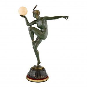 Art Deco bronzen sculptuur danseres met bal: Stella van Maurice Guiraud Rivière
