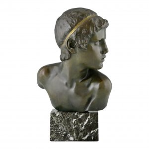 Zeer verfijnde Art Deco bronzen buste van de jonge Achilles, vervaardigd in 1920 door de Franse beeldhouwer Constant Roux 

